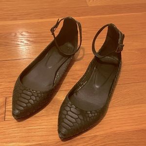 Joie black leather snake skin ankle strap pointed toe ballet flats